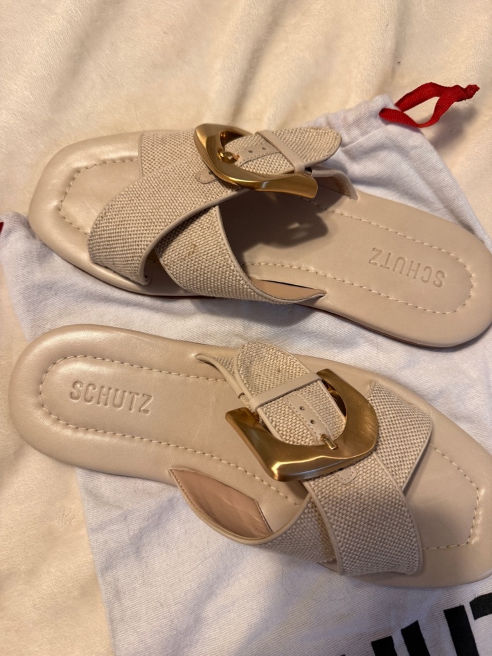 SCHUTZ Lois Beige Linen Flat Sandal with Gold Buckle - Picture 4 of 7